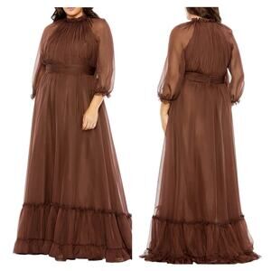 Mac Duggal 68426 High Neck Puff Sleeve Tiered A Line Gown in Chocolate Size 18W